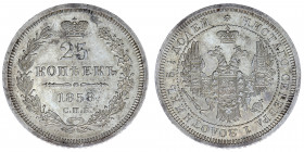 Russia 25 Kopeks 1858 СПБ R2
Bit# 57 R2; Silver, AU-UNC, mint luster. Very rare coin.