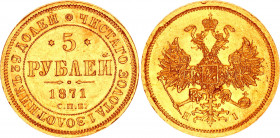 Russia 5 Roubles 1871 СПБ HI R
Bit# 19 R; Conros# 18/15; Gold (.917) 6.48 g.; AUNC-