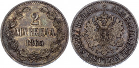 Russia - Finland 2 Markkaa 1865 S
Bit# 617; Silver; UNC, nice patina.