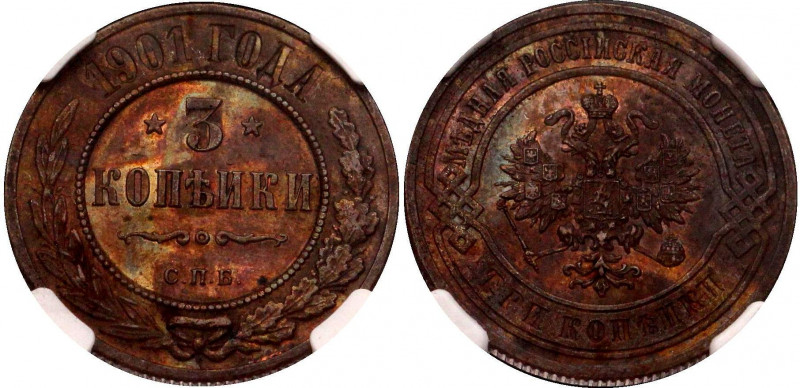 Russia 3 Kopeks 1901 СПБ NGC MS 63 BN
Bit# 300; Copper