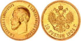 Russia 10 Roubles 1901 AP
Bit# 9; Gold (.900) 8.6g. UNC.