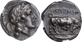 Ancient Greece Lucania AR Nomos 443 - 400 BC NGC AU
HN Italy-1761; HGC-1, 1258. Silver, 7.88g. Obverse: Helmeted head of Athena right; helmet decorat...