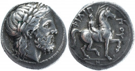 Ancient Greece Macedonia AR Tetradrachm 342 - 336 BC Philip II
Le Rider 281; Silver 14.24 g., 24mm; Obv.: Laureate head of Zeus right / Rev.: Youth o...