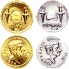 Roman Republic Set of Denar & Aureus 42 BC Marcus Junius Brutus Modern Restrike!
Gold 7.99g 19mm & Silver 4.10g 19mm; Obv: EID MAR Rev: IMP L • PLAET...