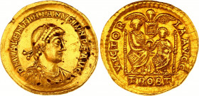 Roman Empire Solidus 388 - 392 AD Valentinian II
RIC 49c; (Treveri) Gold 4.43 g; Obv: DNVALENTINIANVSIVNPFAVG - Diademed (pearls), draped and cuirass...