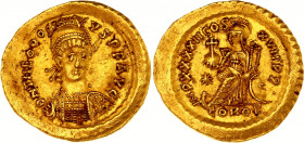 Roman Empire Solidus 441 - 450 AD Theodosius II
RIC 313; Gold 4.45 g; Solidus Obv: DNTHEODO - SIVSPFAVG Helmeted, cuirassed bust facing, head turned ...