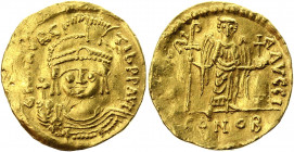 Byzantium Solidus 491 - 518 AD Anastasius
SB 3; Gold 4.22 g.; Obv: DNANASTASIVSPPAVG - Helmeted, cuirassed bust facing, holding spear over shoulder a...