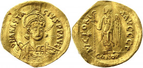 Byzantium Solidus 582 - 602 AD Maurice Tiberius
SB 524, DOC I 149g, Hahn 478; Gold 4.45g.; Obv: DNMAVRCTIbPPAVC - Helmeted and cuirassed facing bust,...