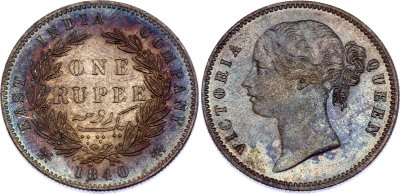 British India 1 Rupee 1840
KM# 458.3; 27 berries, W.W. raised; Silver; Victoria...