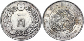 Japan 1 Yen 1880 (13)
Y# A25.2; Silver 26.99 g.; Mutsuhito; UNC