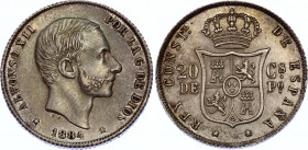 Philippines 20 Centimos de Peso 1884
KM# 149; Silver; Alfonso XII; AUNC with nice toning