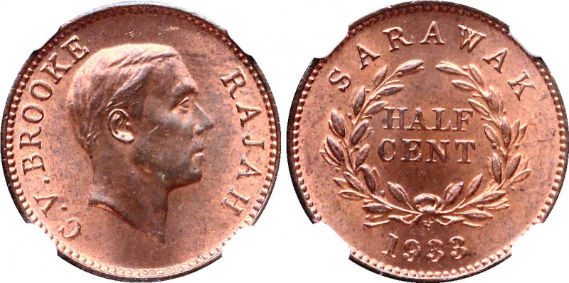 Sarawak 1/2 Cent 1933 H NGC MS 65 RB
KM# 20; Charles V. Brooke Rajah