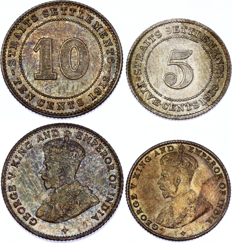 Straits Settlements 5 & 10 Cents 1918
KM# 29a, 31; Silver; George V; UNC