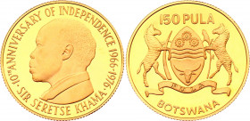 Botswana 150 Pula 1976
KM# 10; 10th Anniversary of Independence. Gold (.917), 15.98g. Proof.