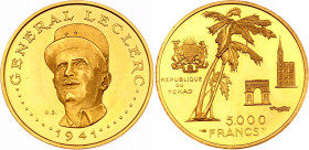 Chad 5000 Francs 1970
KM# 10; 10th Anniversary of Independence - General Leclerc. Gold (.900), 17.5g. Mintage 4000. Proof.