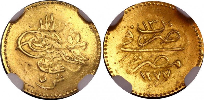Egypt 5 Qirsh 1872 AH 1277 / 13 NGC MS 63
KM# 255; Gold (.875) 0.38 g., 13 mm,;...
