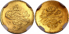 Egypt 5 Qirsh 1872 AH 1277 / 13 NGC MS 63
KM# 255; Gold (.875) 0.38 g., 13 mm,; Abdulaziz