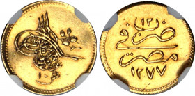 Egypt 10 Qirsh 1871 AH 1277 / 12 NGC MS 62
KM# 259; Gold (.875) 0.85 g.; Abdulaziz