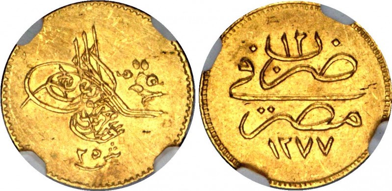 Egypt 25 Qirsh 1871 AH 1277 / 12 NGC UNC
KM# 261; Gold (.875) 2.13 g.; Abdulazi...