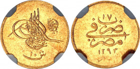 Egypt 10 Qirsh 1891 AH 1293 / 17 NGC MS 61
KM# 282; Gold (.875) 0.85 g., 13.5 mm.; Abdul Hamid II