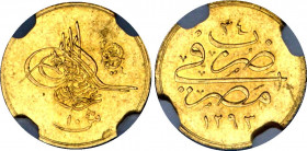 Egypt 10 Qirsh 1908 AH 1293 / 34 NGC MS 61
KM# 282; Gold (.875) 0.85 g., 13.5 mm.; Abdul Hamid II