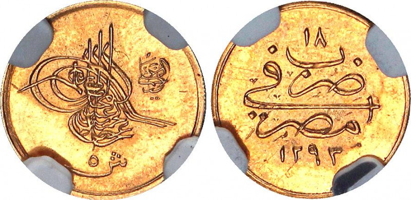Egypt 5 Qirsh 1892 AH 1293 / 18 NGC MS 65
KM# 298; Gold (.875) 0.42 g,m 11 mm.;...