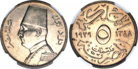 Egypt 5 Milliemes 1929 AH 1348 BP NGC MS 64
KM# 346; Copper-nickel; Fuad