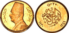 Egypt 20 Piastres 1930 AH 1349 PCGS MS 64
KM# 351; Gold (.875) 1.7 g., 16 mm; Fuad; With full mint luster