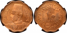 Egypt 10 Milliemes 1938 AH 1357 NGC MS 64 RB
KM# 361; Bronze; Farouk