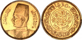 Egypt 50 Piastres 1938 AH 1357 PCGS MS 64
KM# 371; Gold (.875) 4.25 g., 21 mm.; Marriage of King Farouk I and Lady Farida