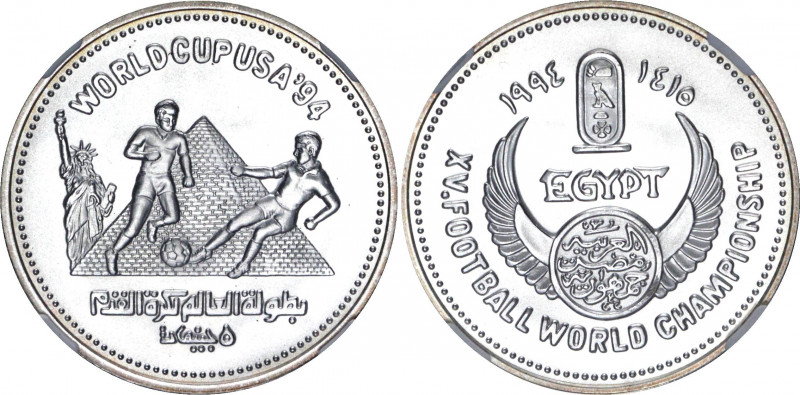 Egypt 5 Pounds 1994 AH 1415 NGC MS 69 Matte
KM# 736; Silver; World Cup Soccer; ...