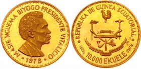 Equatorial Guinea 10000 Ekuele 1978
KM# 40; Gold (917) 13.84g.; Proof