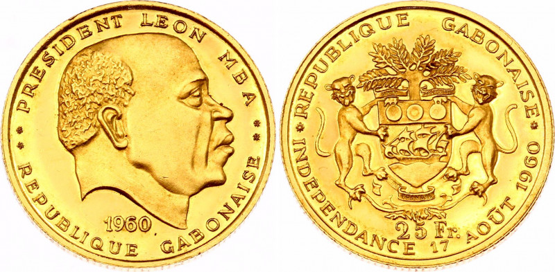Gabon 25 Francs 1960
KM# 2; Independence. Gold (.900), 8g. Proof. Mintage 500 o...
