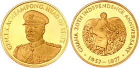 Ghana 2 Libras 1977
KM# 9; Gold (.917), 19.97g; 20th Anniversary of Independence. Proof.