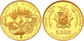 Guinea 5000 Francs 1969
KM# 32; Munich Olympics 1972. Gold (.900), 20g. Mintage 2740. Proof.