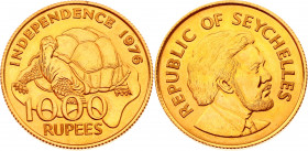 Seychelles 1000 Rupees 1976
KM# 29; Gold (917) 15.89g.; President Mancham; Declaration of Independence; UNC
