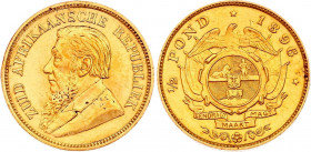 South Africa 1/2 Pond 1896 ZAR
KM# 9.2; Gold (.916) 3,96g.; ZAR; Paul Kruger; UNC rare grade for this year