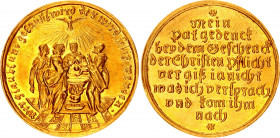 German States Augsburg Medal / Taufdukat 18th Century
GHP:1075; Gold 3.42 g.; Av.: WER GLAUBT UND GETAUFT WIRD DER WIRD SELIG WERDEN.; Rv.: MEIN/PAT ...