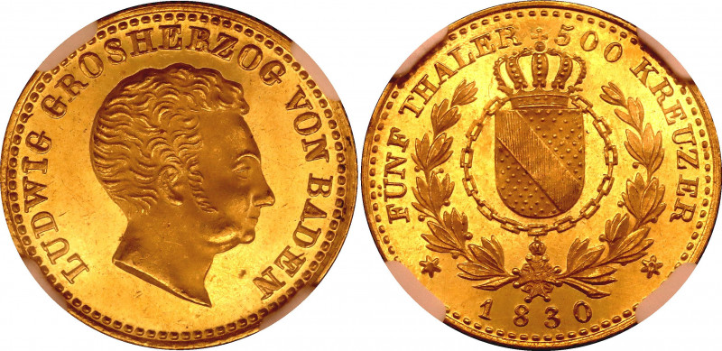 German States Baden 5 Taler - 500 Kreuzer 1830 NGC MS64PL
KM# 196; Gold, Proofl...