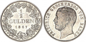 German States Baden 1/2 Gulden 1867
KM# 248; AKS# 128; J. 83; Silver 5.27 g.; Friedrich I; UNC