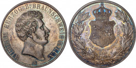 German States Brunswick-Wolfenbuttel 2 Thaler 1856 B NGC MS 61
KM# 1149; Silver; Wilhelm; 25th Anniversary of Reign; UNC