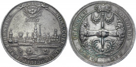 German States Emden Silver Medal 1670 - 1705 (ND)
Knyph. 6311; Silver 42.13 g., 49 mm; by E. Brabandt; Obv.: Harbor and city view, above the city coa...