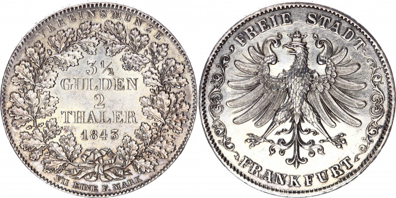 German States Frankfurt 2 Thaler / 3-1/2 Gulden 1843
KM# 329, KahntDS# 182, Dav...