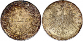 German States Frankfurt 2 Gulden 1847
KM# 333; Silver; Most likely mount removed; Pleasant golden toning!