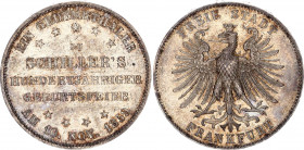 German States Frankfurt 1 Thaler 1859
KM# 359; AKS# 43; Thun# 139; Kahnt# 167; Dav. 650; Silver 18.32 g.; 100th Anniversary of Friedrich Schiller; AU...