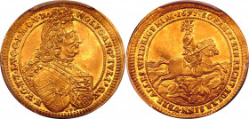 German States Hohenlohe-Neuenstein Dukat 1697 GFN PCGS MS61
Albrecht 138; Fb. 1336; Gold 3.46 g.; Wolfgang Julius; UNC, full mint luster