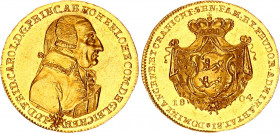 German States Hohenlohe-Neuenstein-Öhringen 1 Ducat 1804 D Commemorative Issue
KM# 71; Fr# 1349; Schlum# 482.5; Gold (.986) 3.45 g.; Ludwig Friedrich...