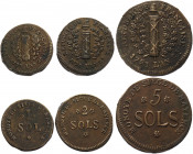 German States Mainz 1 - 2 - 5 Sols 1793 French Occupation
KM# 601 & 602 & 603; Copper 3.70 & 7.00 & 13.75 g.; Siege Coinage; Friedrich Karl Josef; XF...