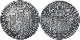 German States Saxony-Albertine 1 Taler 1598 HB
MB# 314; Dav. 9820; Silver 16.40 g.; Christian II, Johann-Georg & Augustus - Three Brothers Thaler; Mi...