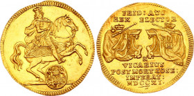 German States Saxony-Albertine Ducat 1711 (MDCCXI)
KM# 805; Kopicki# 11112; Friedberg 2822; Kahnt# 28; Gold (.986) 3,42g.; Friedrich August I; Vicari...